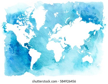 vintage white map of the world on a blue background watercolor illustration