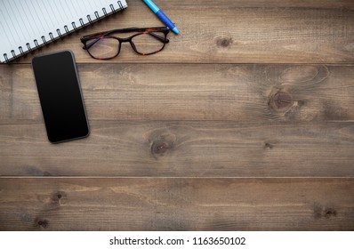 Vintage White Paper Smartphone Desktop Mockup Flat Lay On Old Table Top Wood Background Texture Concept Flatlay Workspace Office Light Note, Plan On Phone, Desk Of Business Blogger View Grunge Wooden