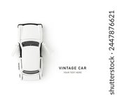 Vintage white retro car toy model isolated on a white background. Creative layout. Flat lay, top view. Nostalgia old things. Design element
