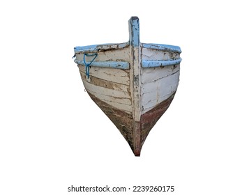 Vintage white shabby small wooden rowboat front view isolated on white