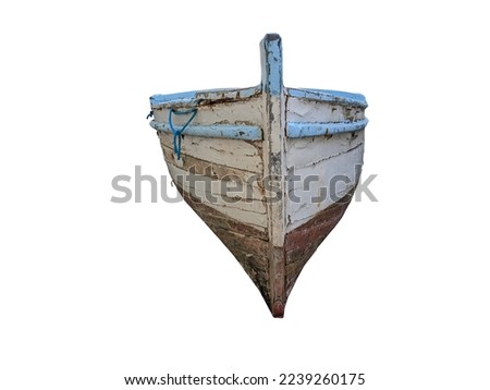 Vintage white shabby small wooden rowboat front view isolated on white