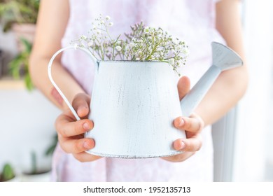 Vintage White Watering Can With Gypsophila Flowers In Hands Close-up. The Concept Of Plant Care, Lifestyle, Gardening, Floristry, Hobbies. Spring Postcard. Plant Flower Shop. Mockup, Copy Space.