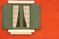 Vintage Window On Red Cement Wall