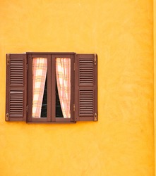 Vintage Window On Yellow Cement Wall Can Be Used For Background