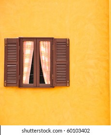 Vintage Window On Yellow Cement Wall Can Be Used For Background