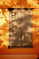 Vintage, Window And Wooden Doors With Home Exterior, Autumn Design Or Building Of Wall Or Texture. Pattern, Paint Or Wood Frame Of Shutters, Feature Or Outdoor House For Historic Or Retro Decor