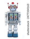 Vintage wind-up toy robot on white background