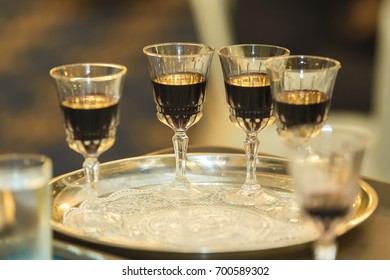 Vintage Wine  Glasses On Silver Tray 