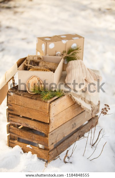 Vintage Winter Outdoor Composition Wooden Boxes Stock Photo