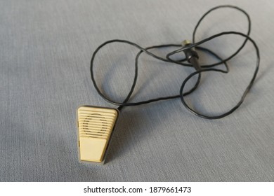 Vintage Wired Microphone Isolated On Blue Background. No People. Copy Space. Technology, Vintage And Audioblog Concept