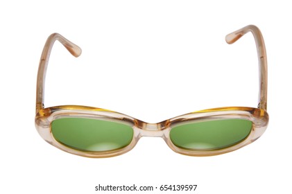 Vintage Woman's Tortoise Shell Sunglasses With Green Lenses. Isolated.