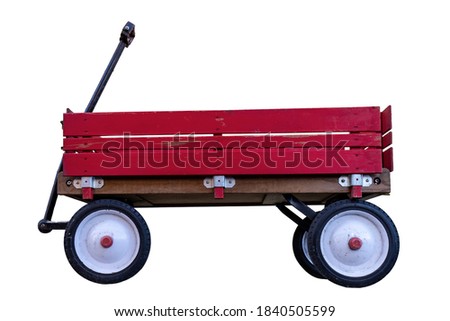 Vintage Wood Rail Red Wagon on White Background