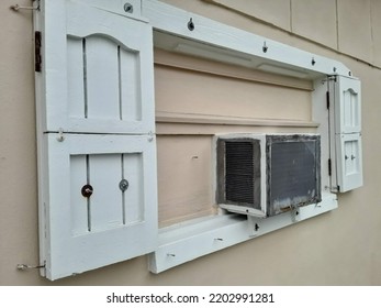 Vintage Wood Window Storm Shutters Air Conditioning Unit