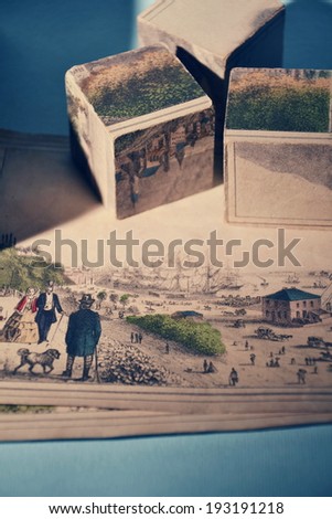 Vintage wooden blocks with picture of a harbor - filtered