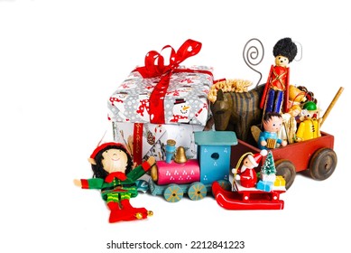 Vintage Wooden Christmas Toys Isolated On White Background