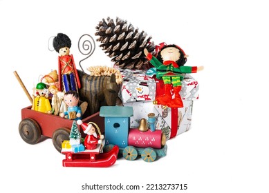 Vintage Wooden Christmas Toys Isolated On White Background