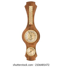 Vintage wooden clock with barometer and Old marine style thermometer on a white background. Wall decor for the interior.