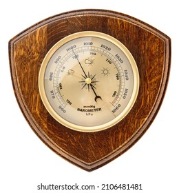 Vintage wooden clock with barometer and Old marine style thermometer on a white background. Wall decor for the interior.