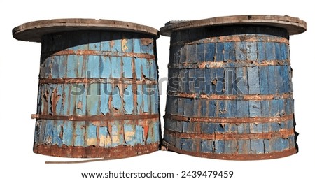 Vintage wooden cracked fire barrels. Isolated on white