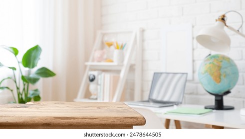 Vintage wooden desk table top for product display in defocused education room - Powered by Shutterstock