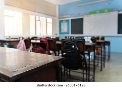 Vintage wooden desks and chairs with student backpacks in empty classroom, sunlight streaming through windows, concept of education learning back to school academic environment and knowledge