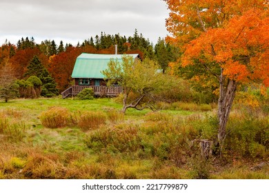 Vintage Wooden Farm House In Rural Autumn Fall Forest Wilderness Landscape Of Nova Scotia, NS, Canada