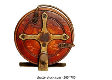 Vintage Wooden Fishing Reel, Isolated On White.