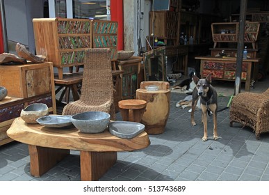 Vintage Wooden Furniture And Other Staff At Entry To Shop At Jaffa Flea Market In Tel Aviv-Jaffa, Israel. 