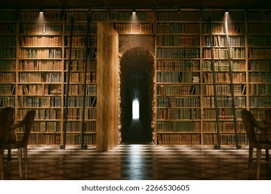 Vintage wooden library, surrounded by towering shelves of books - Powered by Shutterstock