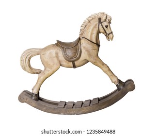 Vintage wooden rocking horse toy isolated on white background