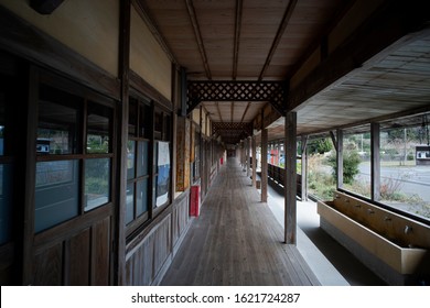 Vintage wooden school corridor, simple rooms in a functional guesthouse in Omishima Island Ehime Shikoku Japan