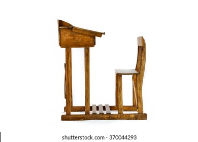 Vintage Wooden School Desk And Chair Isolated On White