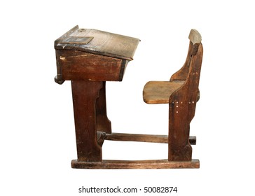 Vintage wooden school desk and chair, isolated on a pure white background