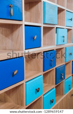 Vintage wooden storage blue retro cabin  desighn