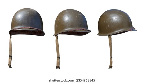 Vintage World War II United States army helmets at various angles isolated on a white background - Powered by Shutterstock