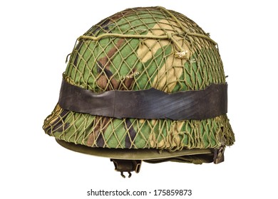 Vintage World War Two Soldier Helmet With Camouflage Isolated On A White Background