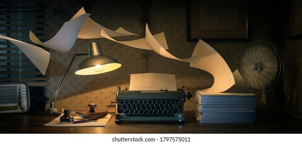 Vintage writer's desktop with typewriter and flying sheets, creativity and inspiration concept - Powered by Shutterstock