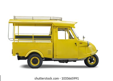 Vintage yellow auto rickshaw taxi, thailand native taxi call "tuk-tuk", Isolated on white background, Clipping path included
