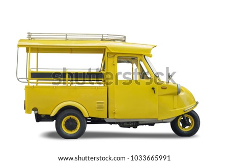 Vintage yellow auto rickshaw taxi, thailand native taxi call 