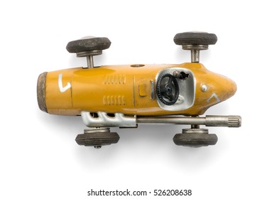 Vintage Yellow Toy Racing Car , Top View On White Background With Natural Shadow