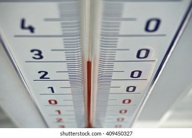 Vintaged outdoor thermometer in the retro design displaying high temperature of thirty degrees of Celsius  - Shutterstock ID 409450327
