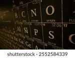 A vintage-style dark periodic table of elements, concepts of chemistry education, scientific discoveries, and academic inspiration