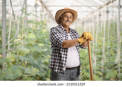 Vintner with a straw hat leaning on a shovel in a vineyard - Powered by Shutterstock