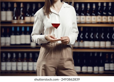 Vintner woman tasting red wine from a glass in cellar. Close up shot of female sommelier hand that hold the wine glass on shelf background. - Powered by Shutterstock