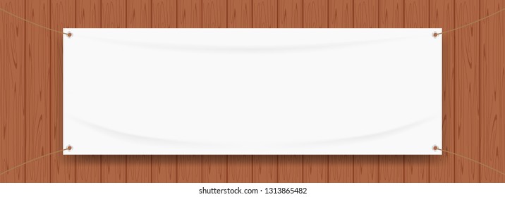 Vinyl Banner Blank White Isolated On Wood Frame Background, White Mock Up Textile Fabric Empty For Banner Advertising Stand Hanging, Indoor Outdoor Fabric Mesh Vinyl Backdrop For Presentation Poster