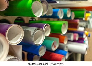 Vinyl film of different colors in production.