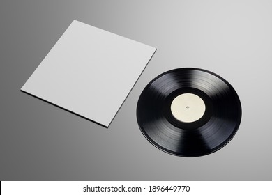 Vinyl LP Record With Blank Cardboard Cover On Gray Background. Mock Up Design Template 