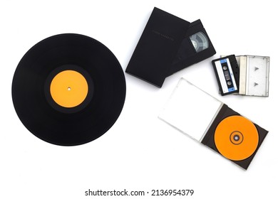 Vinyl record, cd, audio and video cassettes top view