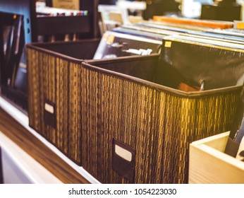 Vinyl Record Crate In The Store Close Up