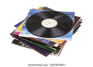 Vinyl record on a stack paper envelopes. Analog sound. Classic audio. Isolated on white background